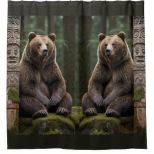 Rideaux De Douche Ours grizzli et totem Pole Art de la faune