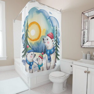 Rideaux De Douche Ours polaire d'hiver Noël de famille