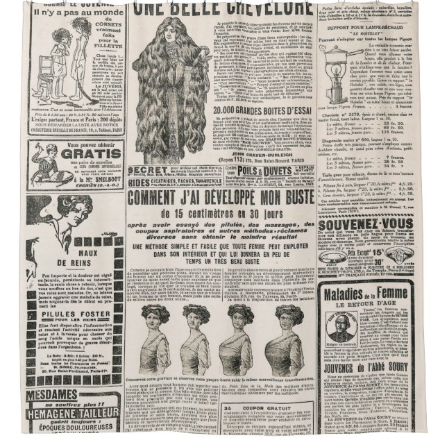 Rideaux De Douche Page de journal avec publicité antique (Devant)