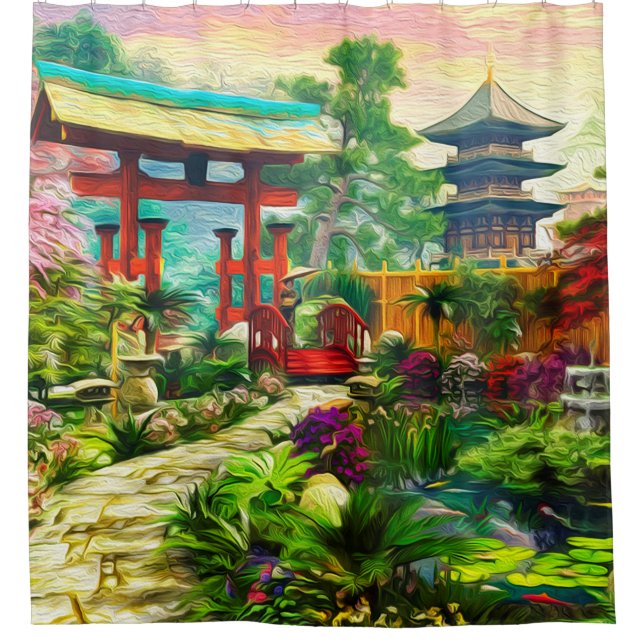 Rideaux De Douche Pagoda japonaise Sakura de jardin et cascade (Devant)