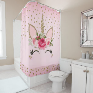 Rideaux De Douche Paillettes dorées et licorne florale rose tendance