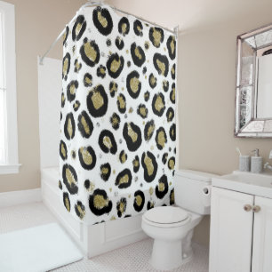 Rideaux De Douche Paillettes Or Blanc & Imprimé Léopard Tacheté Noir