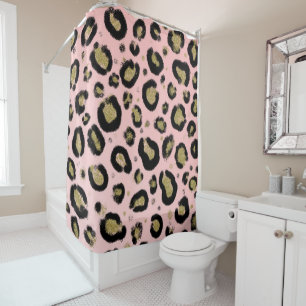 Rideaux De Douche Paillettes Or Rose et Imprimé Léopard Guépard Noir