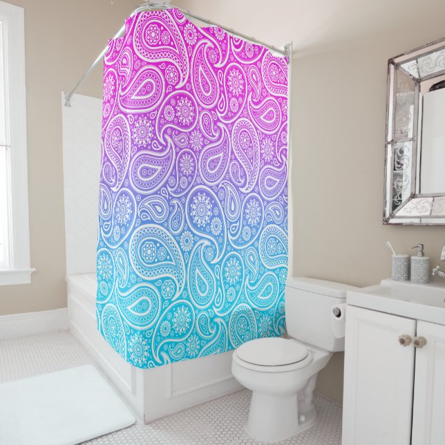 Rideaux De Douche Paisley blanche motif rose à bleu ombre (En situation)