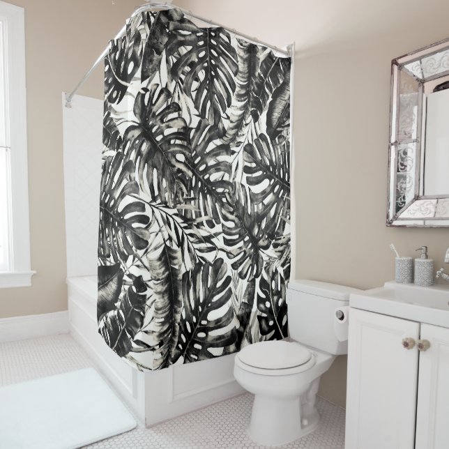 Rideaux De Douche Palme tropicale noire & blanche Feuille Island Chi (En situation)
