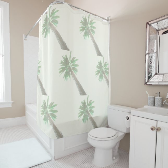 Rideaux De Douche Palmier Stylisé Pastel Green Tropical (En situation)