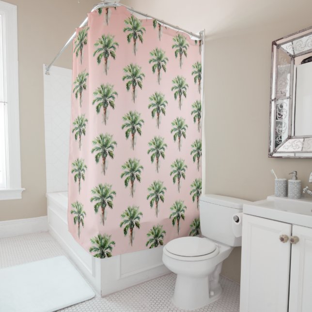 Rideaux De Douche Palmier Tropical Rose-Brut (En situation)
