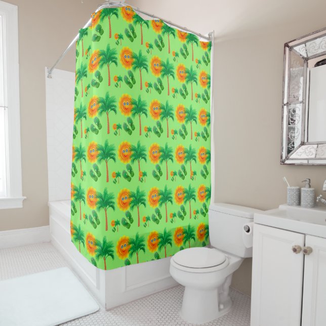 Rideaux De Douche Palmiers, soleil et tongs (En situation)