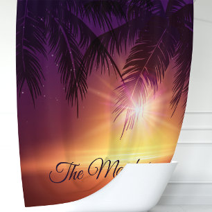 Rideaux De Douche Palmiers Tropicaux Coucher de Soleil Violet Monogr