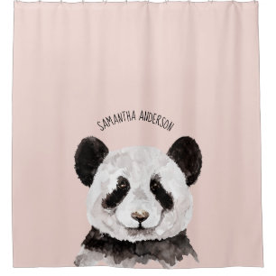 Rideaux De Douche Panda Aquarelle Moderne Avec Nom Et Pastel Rose