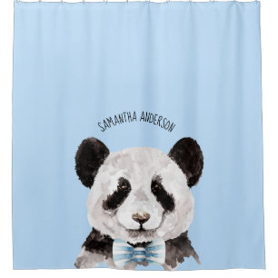Rideaux De Douche Panda D'Aquarelle Moderne Avec Nom Et Bleu Pastel