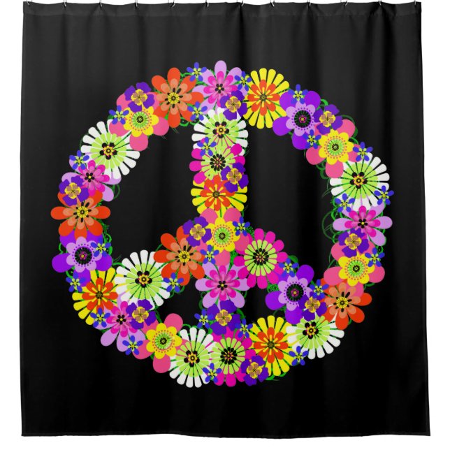 Rideaux De Douche Panneau de paix Floral sur noir (Devant)