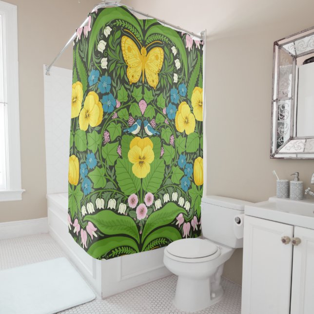 Rideaux De Douche Pansies jaunes, oiseaux et papillons (En situation)