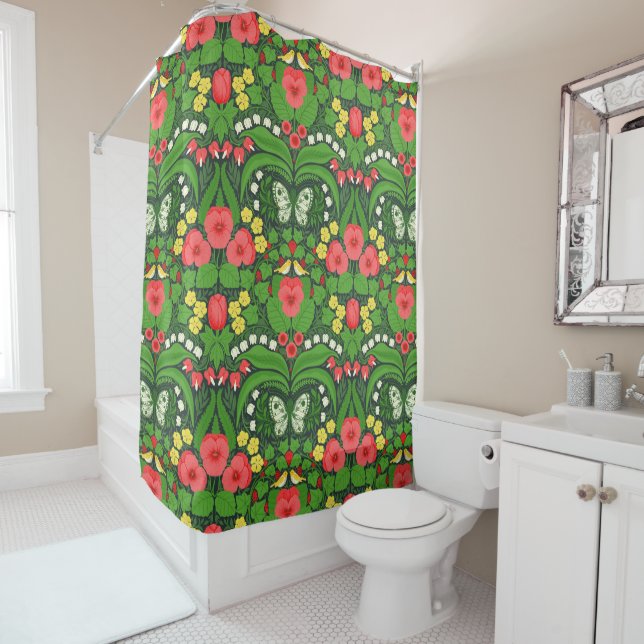 Rideaux De Douche Pansies rouges, oiseaux et papillons (En situation)
