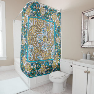 Rideaux De Douche papier peint bleu art nouveau cyclamen