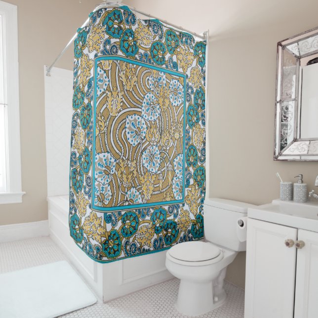 Rideaux De Douche papier peint bleu art nouveau cyclamen (En situation)