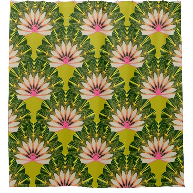 Rideaux De Douche Papier peint en lotus stylisé : rose, vert. (Devant)