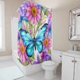 Rideaux De Douche Papillon bleu dans un champ de fleurs