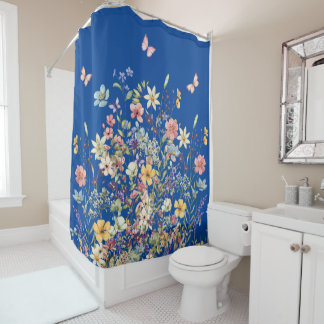 Rideaux De Douche Papillon botanique bleu et floral