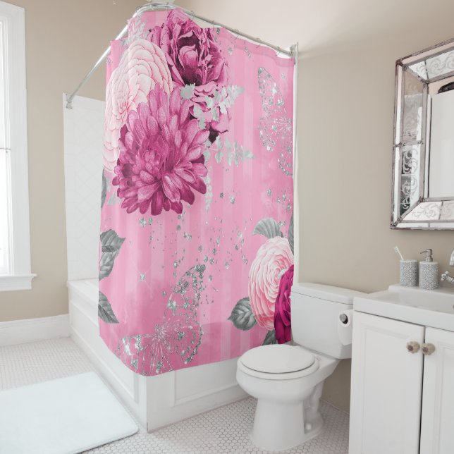 Rideaux De Douche Papillon de Parties scintillant en argent Roses ro (En situation)