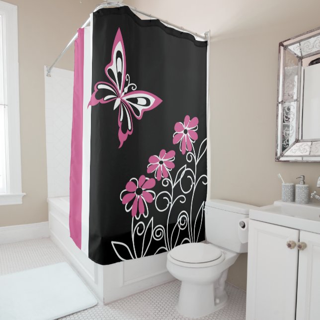 Rideaux De Douche Papillon et fleurs roses de canneberge (En situation)