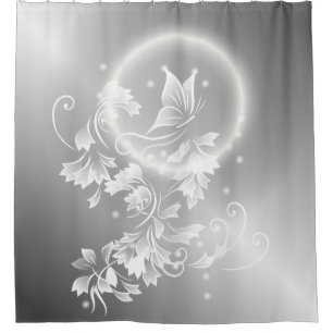 Rideaux De Douche Papillon Floral Argenté Fantaisie Blanche