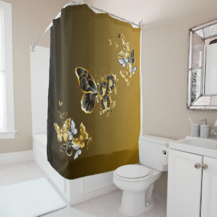 Rideaux De Douche Papillon floral doré et noir Art