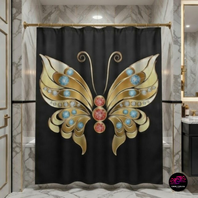 Rideaux De Douche Papillon Or Orné De Gemmes (Bold black and gold butterfly shower curtain for a luxe statement bathroom ✨🦋)