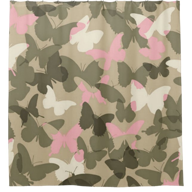 RIDEAUX DE DOUCHE "PAPILLON ROSE, BLANC ET VERT CAMO " (Devant)