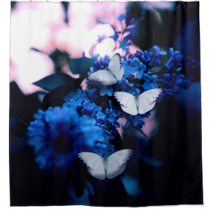 Rideaux De Douche Papillons blancs Fleurs bleues, papillon
