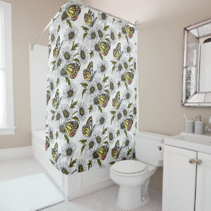 Rideaux De Douche Papillons Jézabel et fleurs marguerites sur blanc