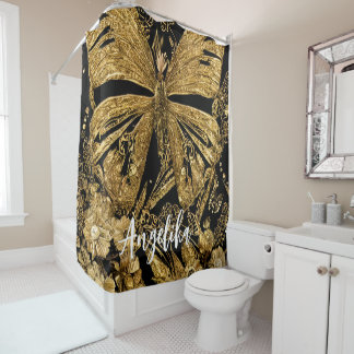 Rideaux De Douche Papillons noirs et or
