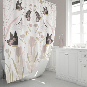 Rideaux De Douche Papillons Tulipes Motif rose