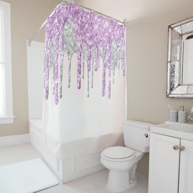 Rideaux De Douche *~* PARTIES SCINTILLANT à goutte MAGENTA en ARGENT (En situation)