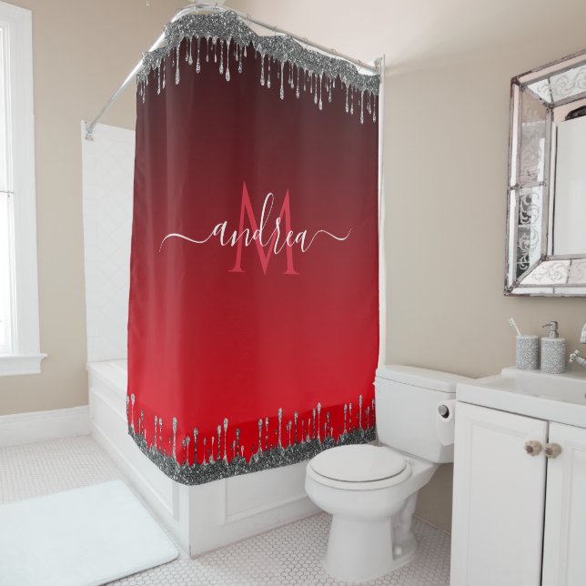 Rideaux De Douche Parties scintillant d'argent goutte glam rouge Mon (En situation)