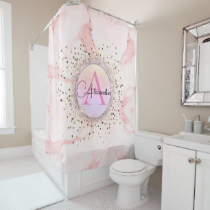 Rideaux De Douche Parties scintillant en marbre rose Monogramme pers