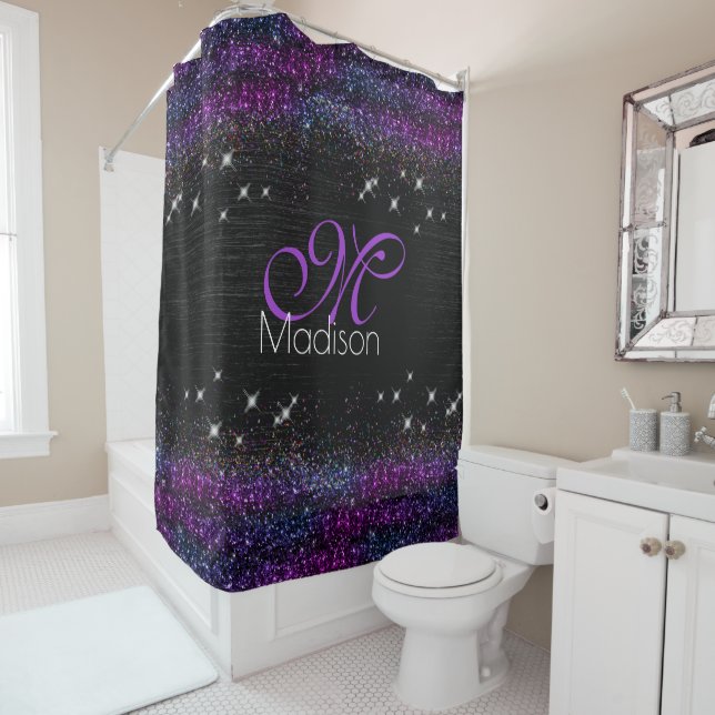Rideaux De Douche Parties scintillant en métal brossé noir violet mo (En situation)