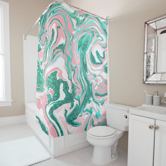 Rideaux De Douche Parties scintillant moderne blanche rose Turquoise (En situation)