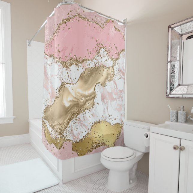 Rideaux De Douche Parties scintillant rose en marbre doré (En situation)