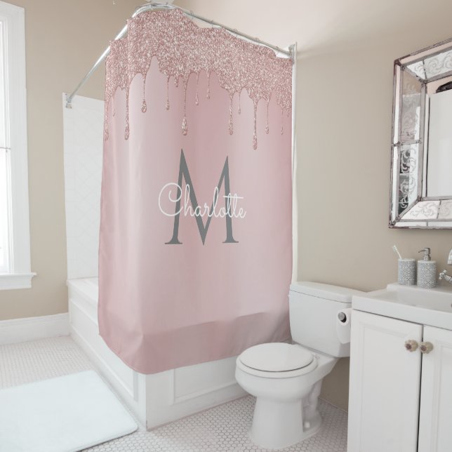 Rideaux De Douche Parties scintillant rose gouttes Monogramme Élégan (En situation)