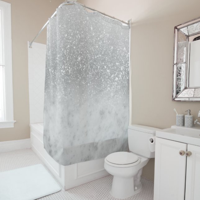 Rideaux De Douche Parties scintillant Silver Ombre Marbre blanc Glam (En situation)