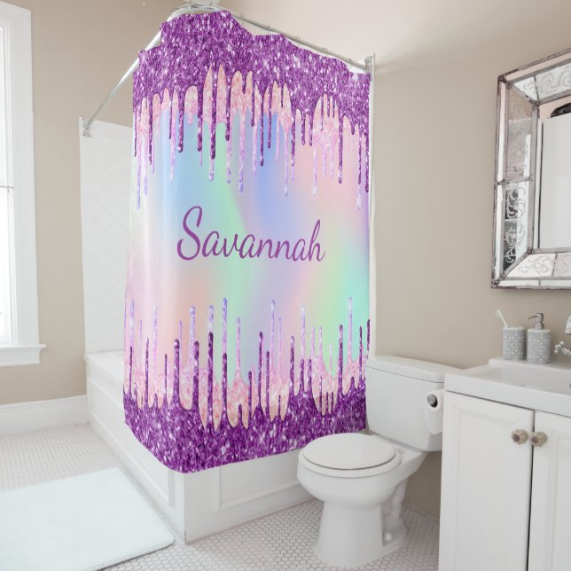 Rideaux De Douche Parties scintillant violet holographique gouttes r (En situation)