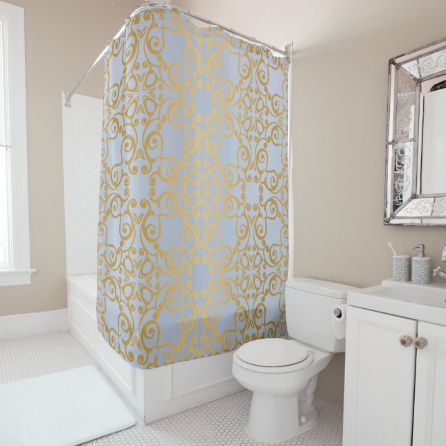 RIDEAUX DE DOUCHE PASTEL BLUE OR ÉLÉGANT MOTIF (En situation)