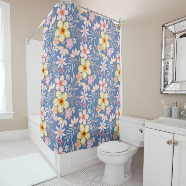 Rideaux De Douche Pastel Floral pattern C03.bw LBlue BG (En situation)