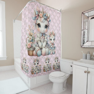 Rideaux De Douche Pastel Kawaii Unicorne Mère Fille Duo Rose