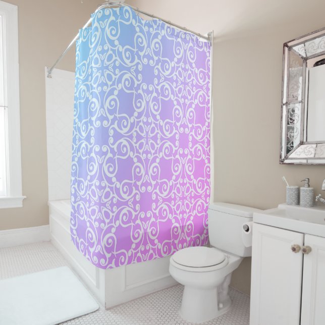 RIDEAUX DE DOUCHE PASTEL ROSE BLEU ÉLÉGANT MOTIF (En situation)