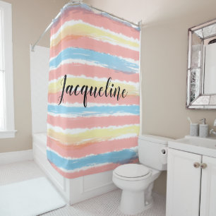 Rideaux De Douche Pastel Rose Bleu Jaune Rayures NOM