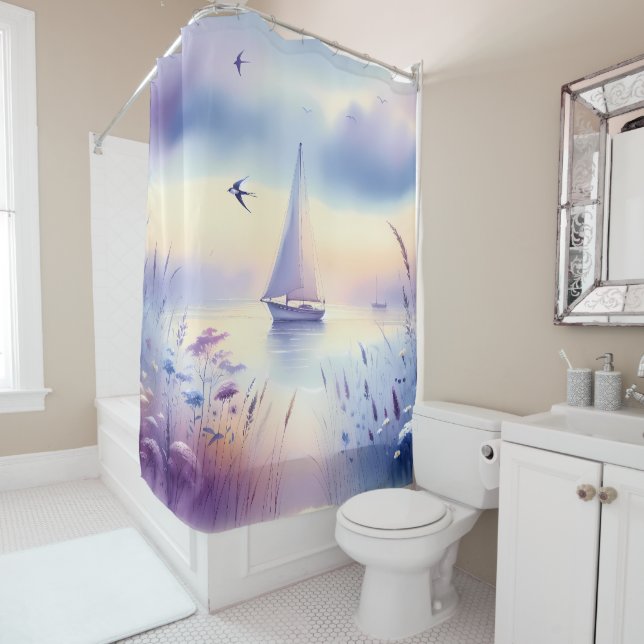Rideaux De Douche Pastel Sailboat Coastal Dreamscape (En situation)
