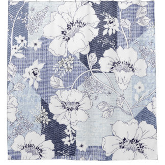 Rideaux De Douche Patchwork de fleur de denim, motif sans soudure.