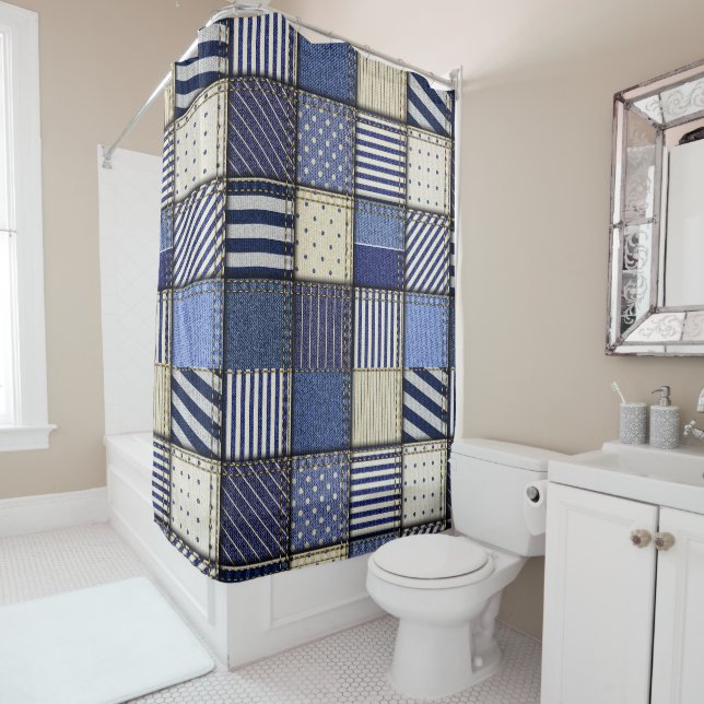 Rideaux De Douche Patchwork Denim bleu (En situation)